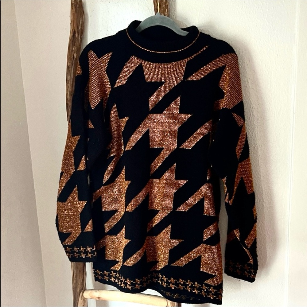 Vintage Black and Copper Bronze Large Houndstooth Print Mock Neck Sweater
